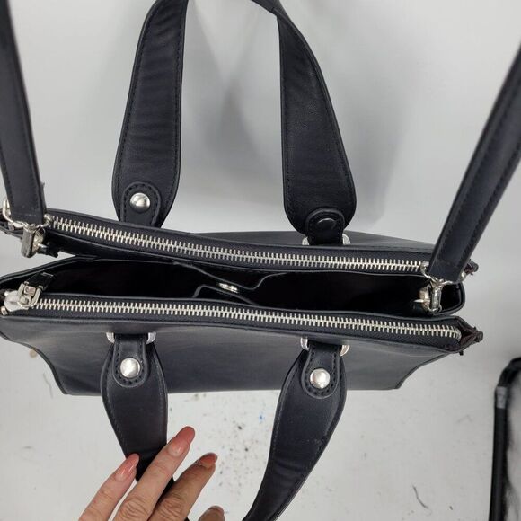 MNG Black Vegan Faux Leather Double Top Handle Crossbody Bag Removeable Strap - Picture 14 of 16